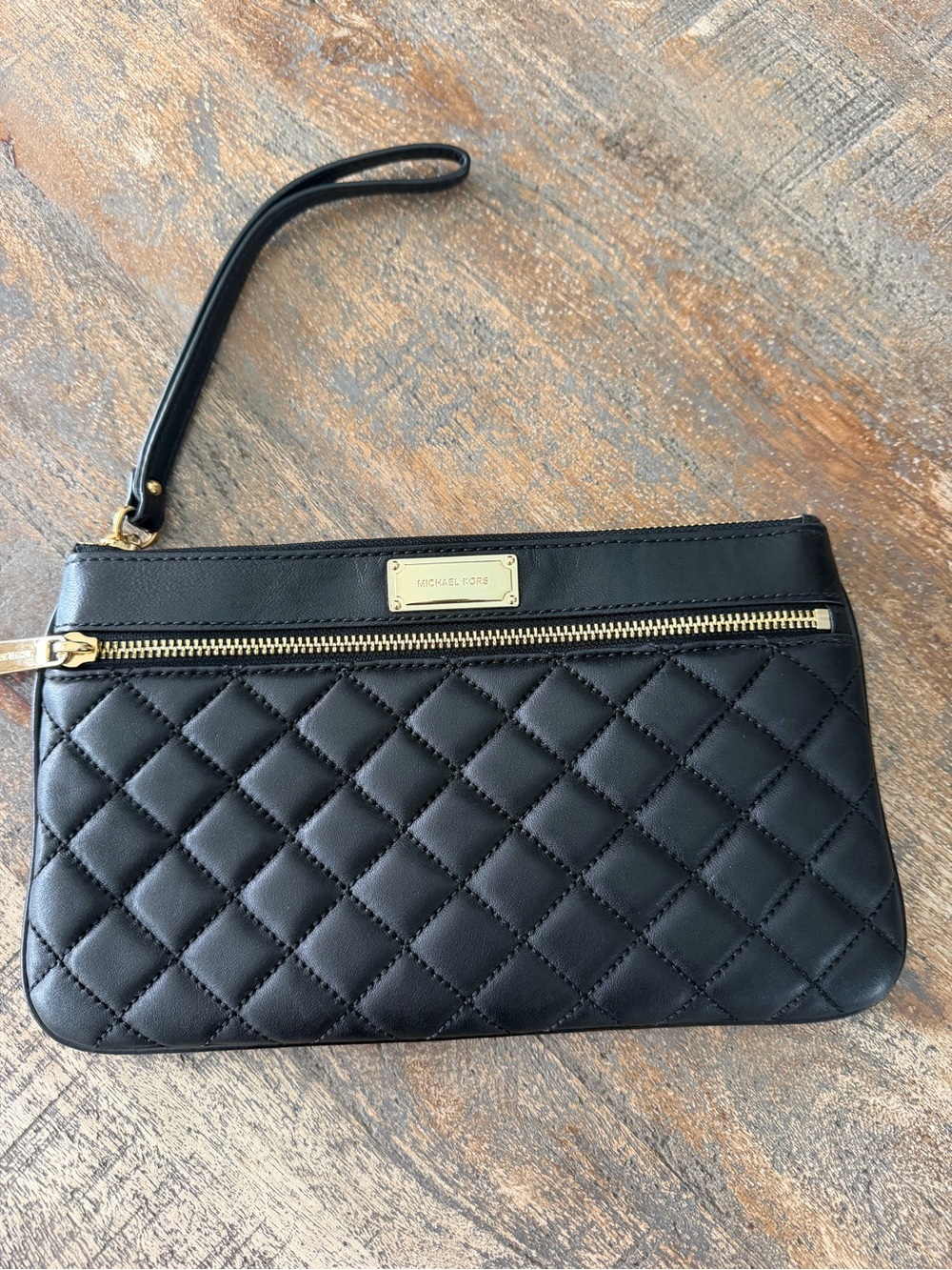 Michael Kors Black Quilted Wristlet Clutch with Gold Hardware